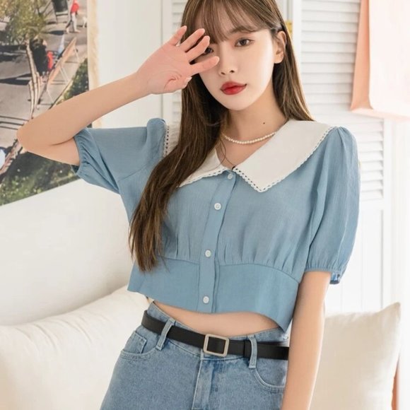 contrast collar puff sleeve blouse - Picture 4 of 7